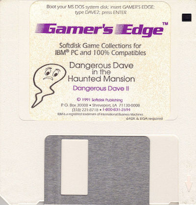 A disk says &ldquo;Gamer&rsquo;s Edge&rdquo; and &ldquo;Dangerous Dave in the Haunted Mansion&rdquo;